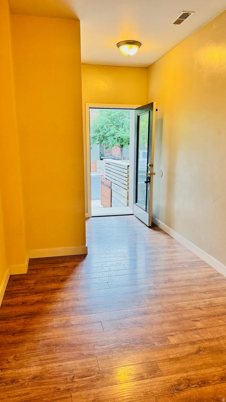 Entryway featuring wood-finish flooring, light-toned walls, and a ceiling-mounted light fixture