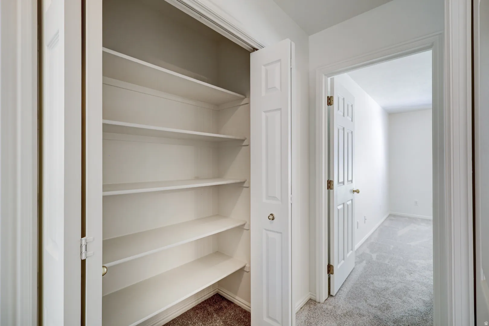 Built-in shelving unit with multiple white shelves