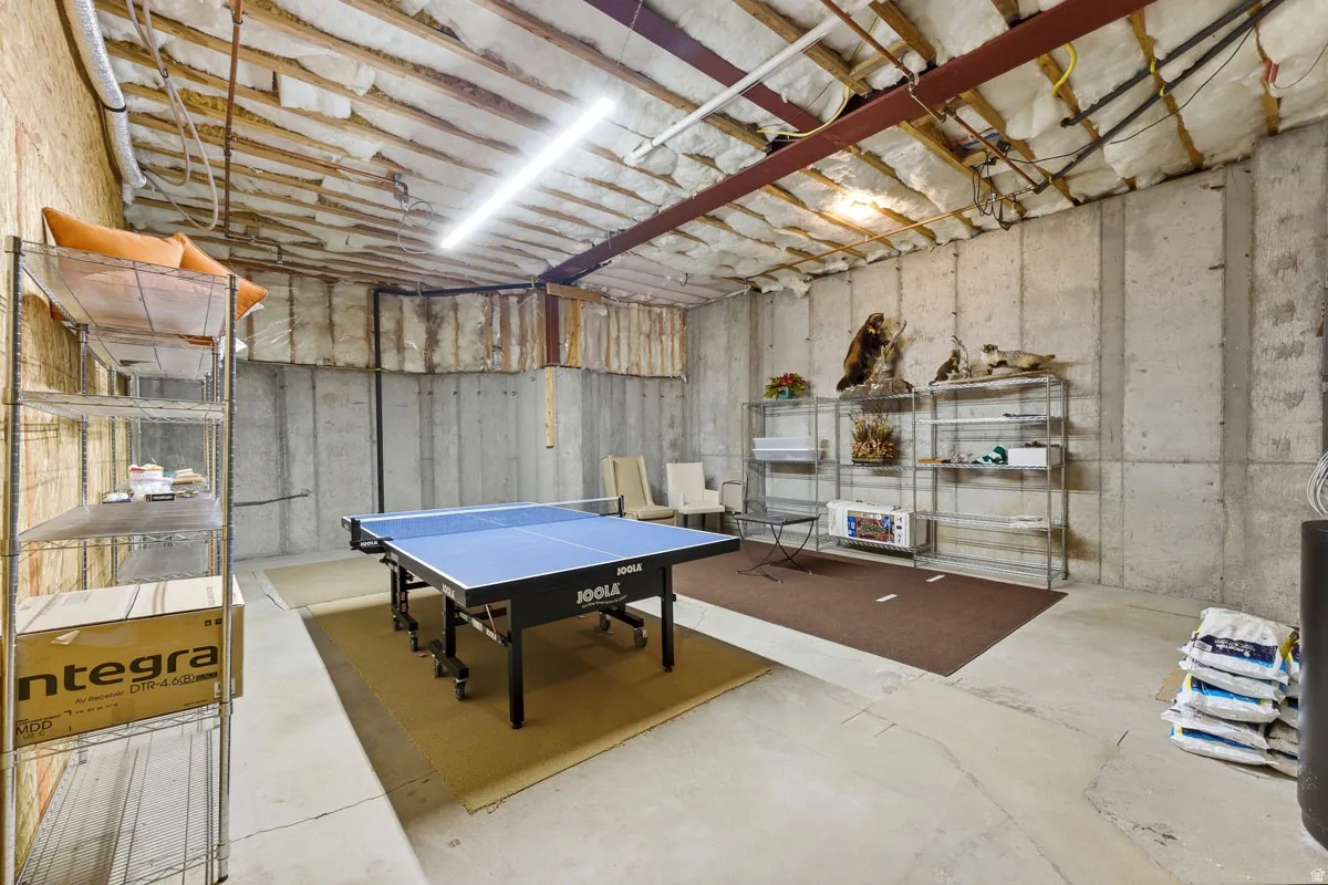 Unfinished basement featuring exposed concrete walls and ceiling insulation