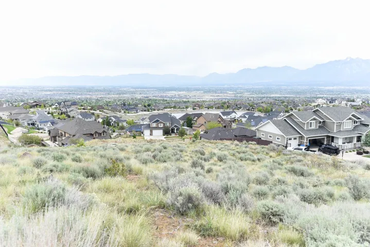 Expansive neighborhood with diverse architectural styles, featuring distant mountains and a broad horizon