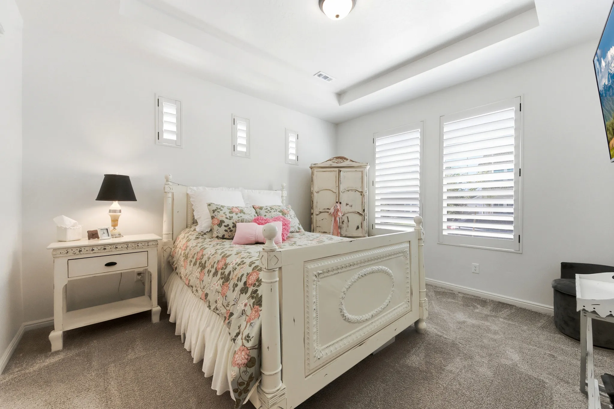 Carpeted room featuring a tray ceiling with a flush-mount light fixture, shuttered windows, and a built-in wall-mounted television