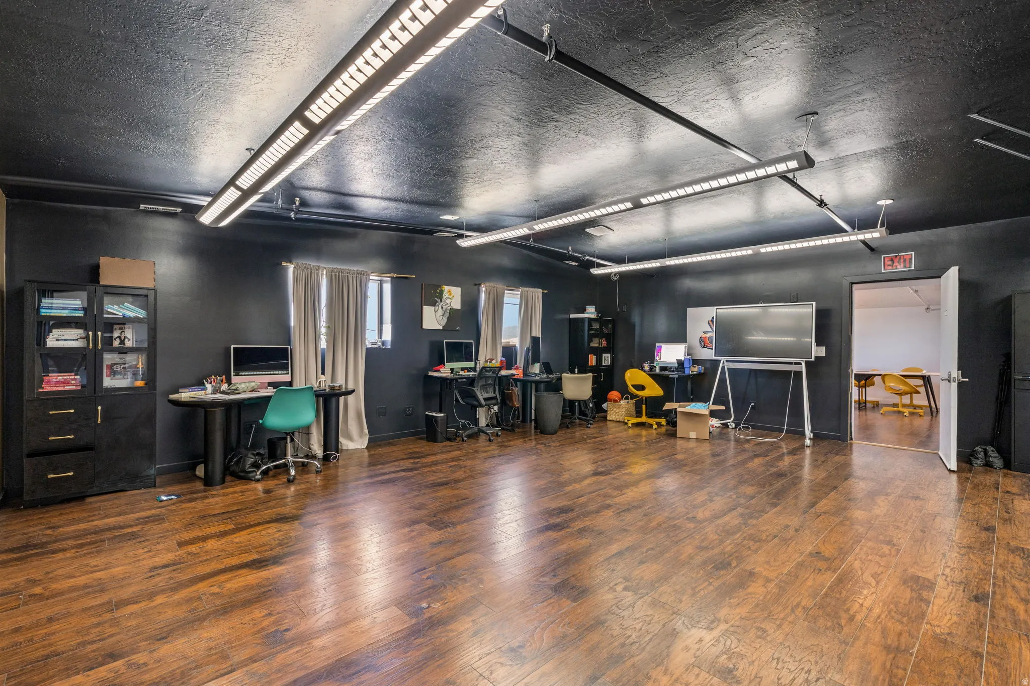 Spacious interior with rich wood-finish flooring