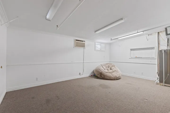 Spacious room featuring neutral carpet flooring, white walls, and white crown molding