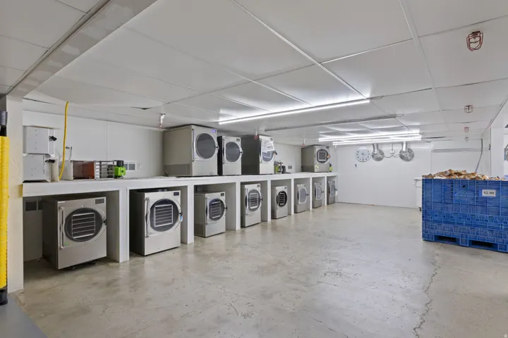 Industrial space with concrete flooring, suspended ceiling, and fluorescent lighting