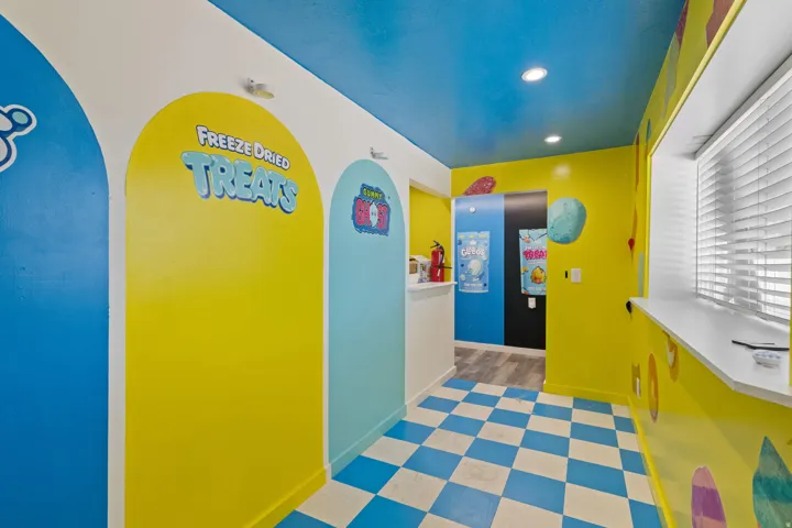 Vibrantly colored interior featuring a checkerboard floor and blue ceiling