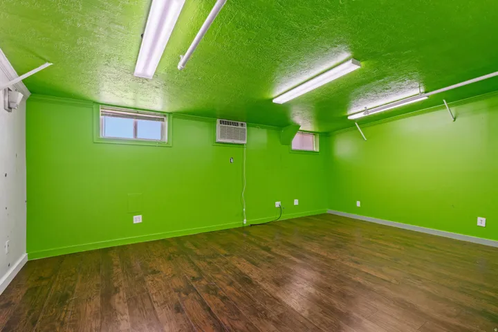 Spacious room featuring wood-finish flooring and vibrant green walls and ceiling