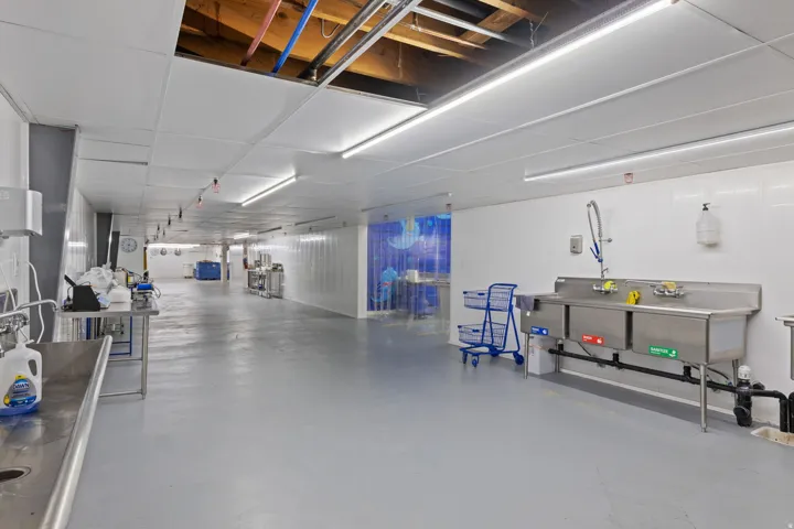 Spacious commercial interior featuring an industrial-grade three-compartment stainless steel sink, smooth concrete flooring, white panel walls, and exposed ceiling infrastructure with fluorescent lighting
