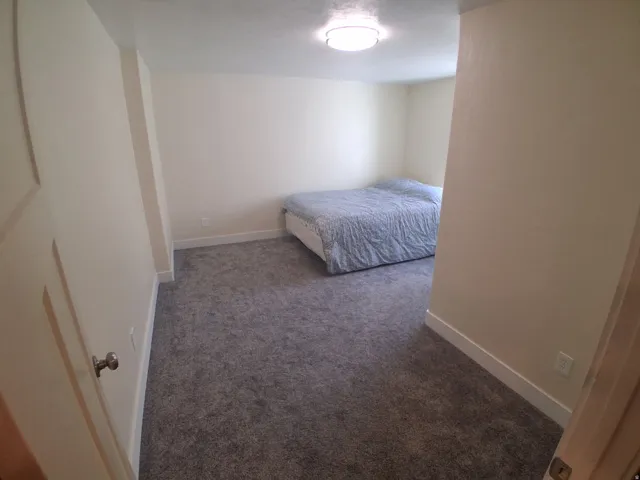 Neutral-toned bedroom featuring plush gray carpeting, white baseboards, and a flush-mount ceiling light fixture