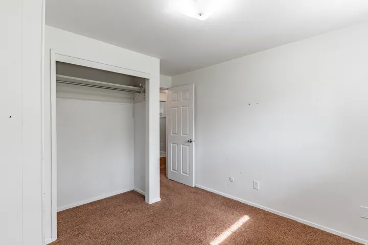 Neutral white walls complement the brown carpet flooring in this room featuring an open closet with a hanging rod