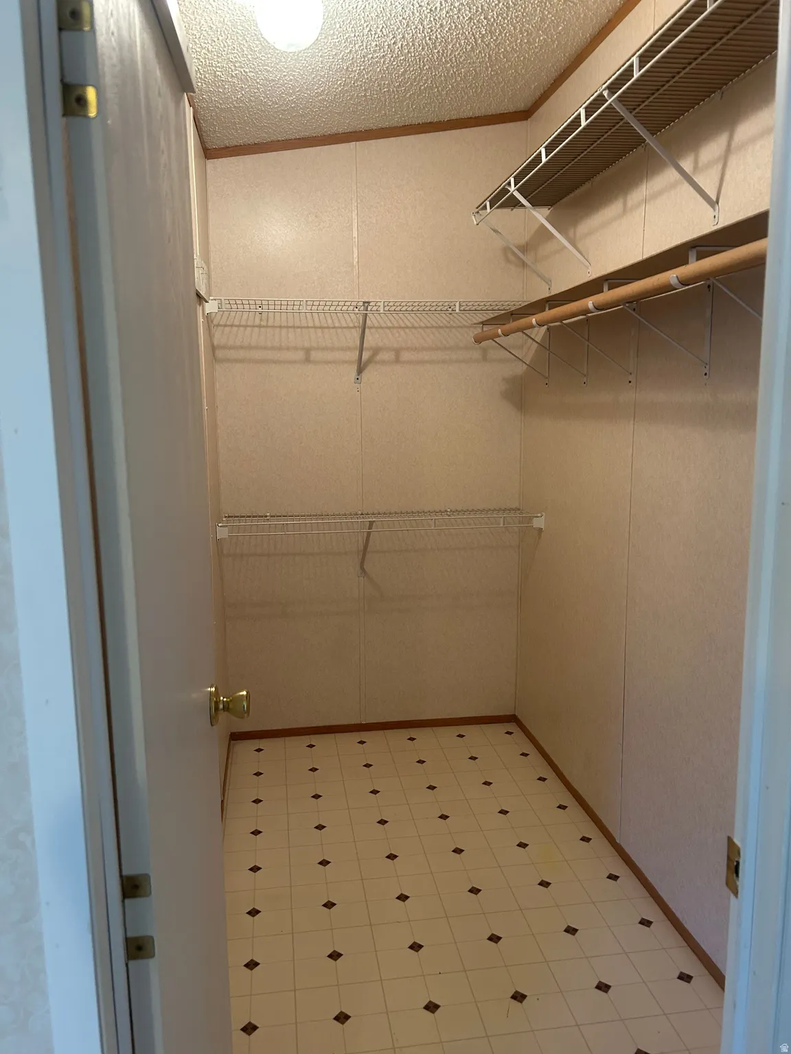 Walk-in closet featuring patterned flooring, three levels of wire shelving, a clothing rod, and a ceiling-mounted light fixture