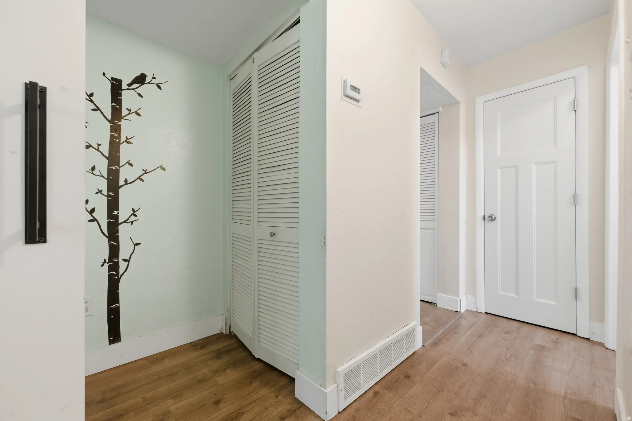 Hallway featuring wood-finish flooring, white baseboards, and a white paneled door with a silver-tone knob
