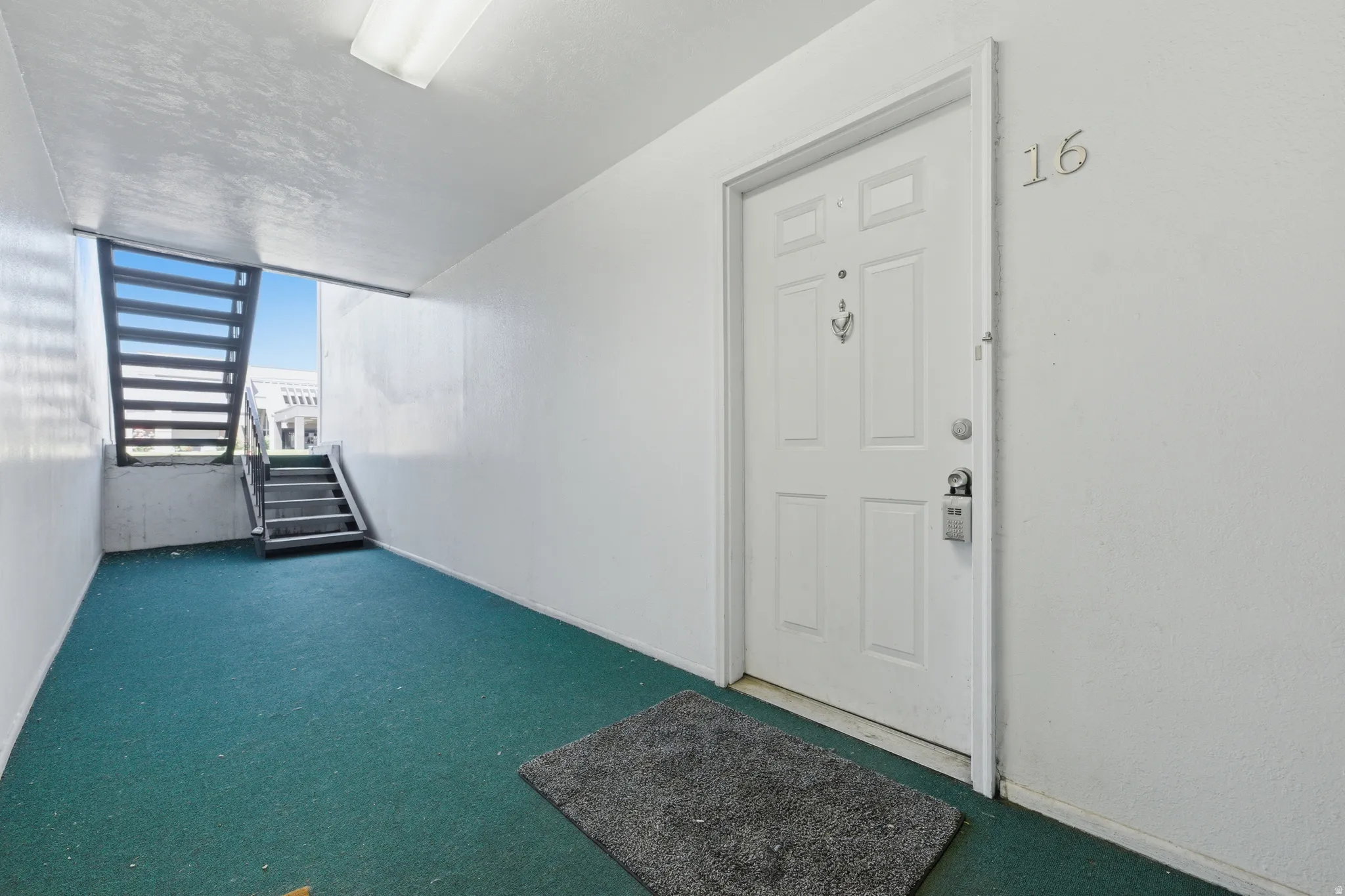 Entryway featuring a panel door with hardware, overhead lighting, and green carpet flooring