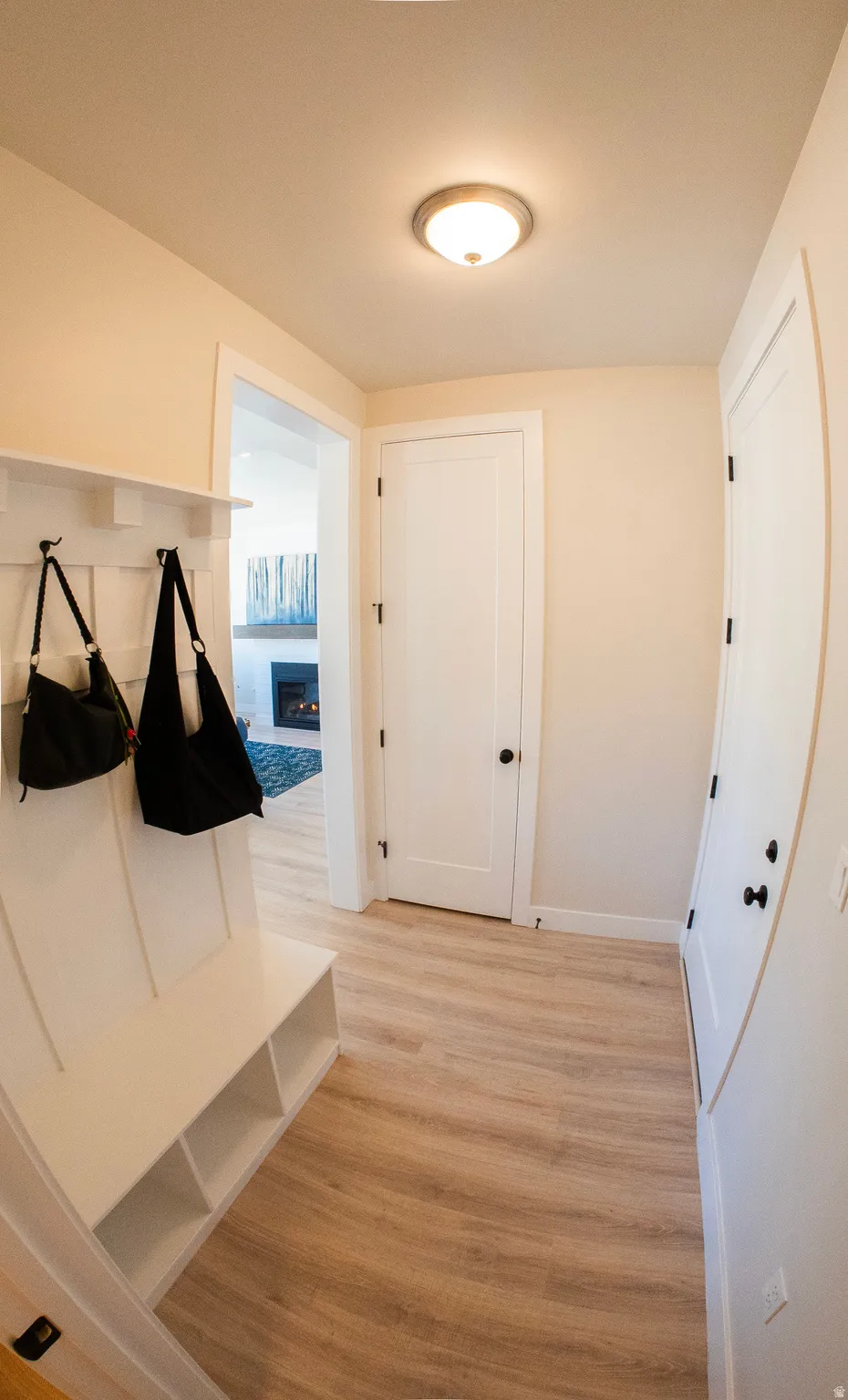 Entryway featuring wood-finish flooring, a built-in bench with storage cubbies, and coat hooks