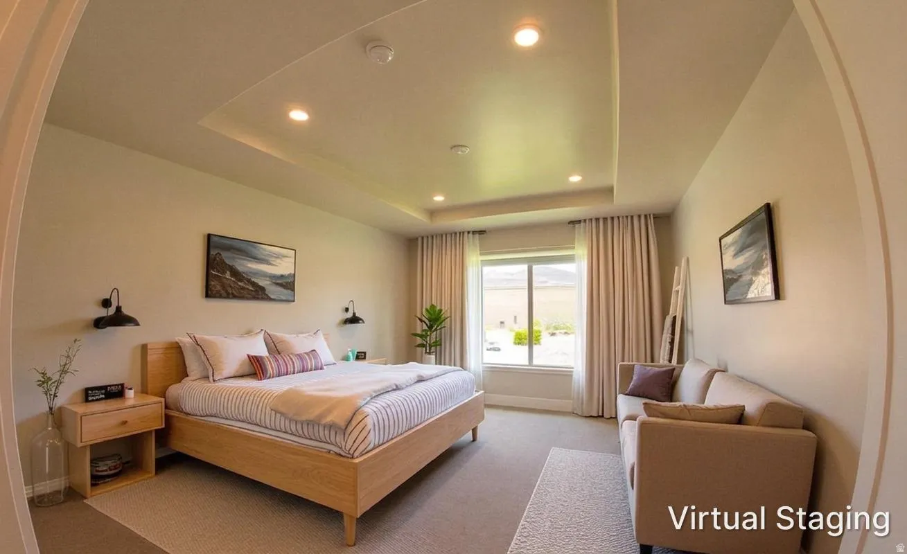 Recessed lighting illuminates a tray ceiling