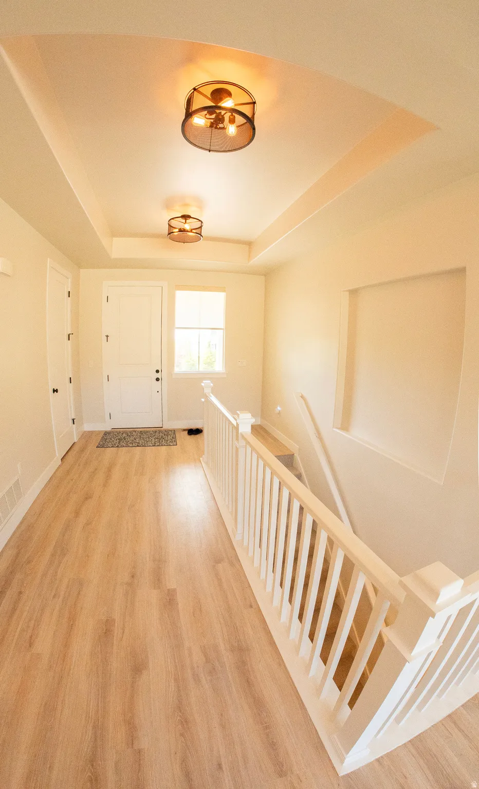 Entry foyer featuring wood-finish flooring and a tray ceiling with two industrial-style flush mount light fixtures