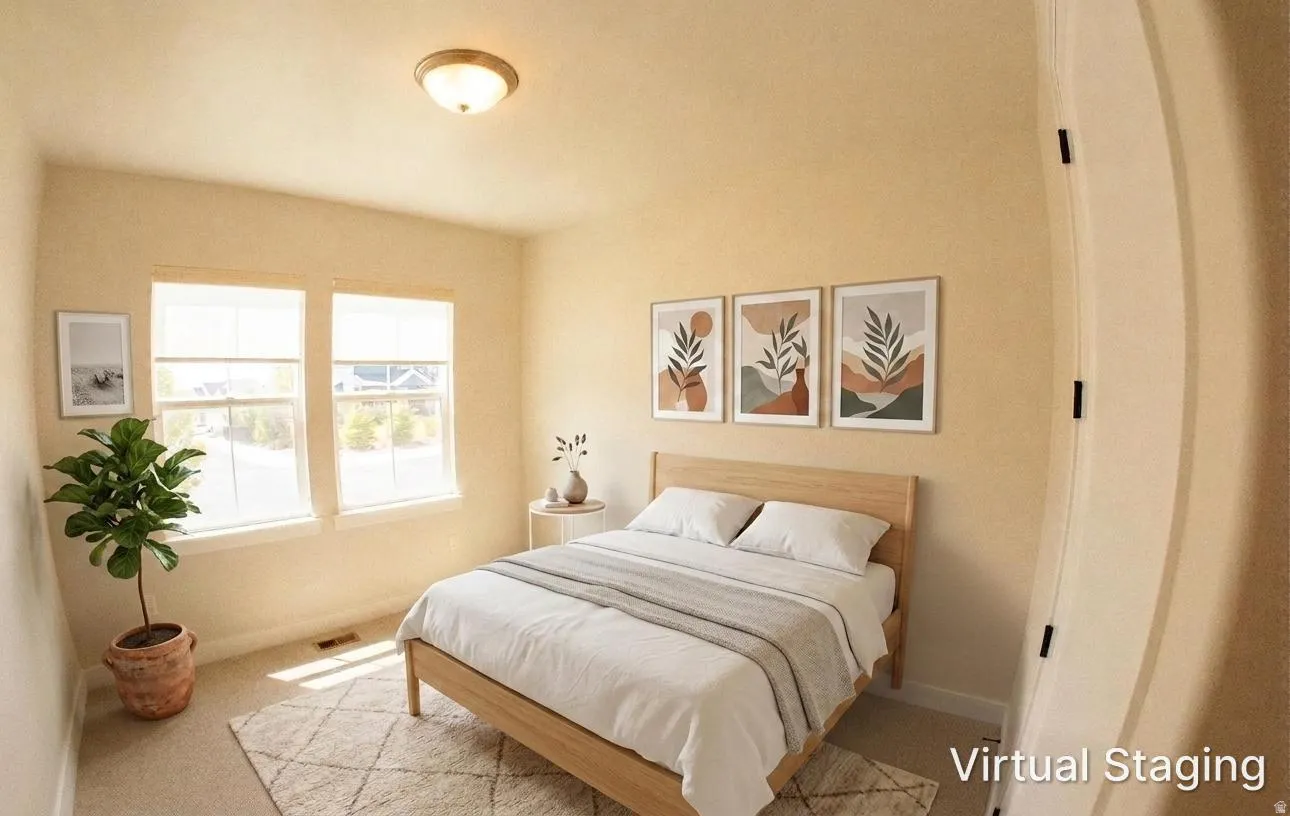 Neutral-toned room with carpet flooring and dual windows