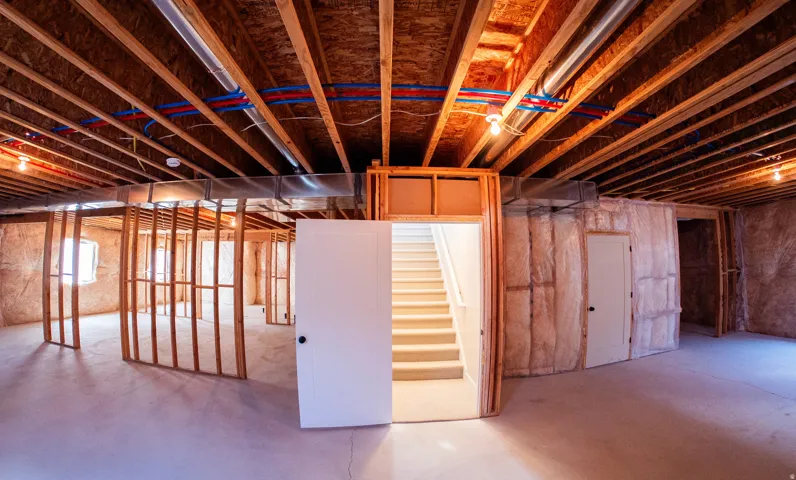 Unfinished lower level featuring exposed ceiling joists, framed interior walls, visible plumbing lines, ductwork, and an interior staircase