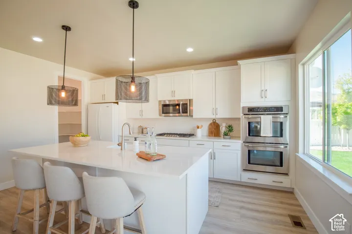 Bright kitchen featuring white cabinetry, stainless steel appliances, a white island with an integrated sink, and wood-finish flooring