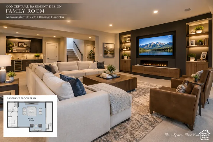 Virtual Image: Built-in media console with electric fireplace, integrated shelving with accent lighting, and a wet bar featuring dark cabinetry