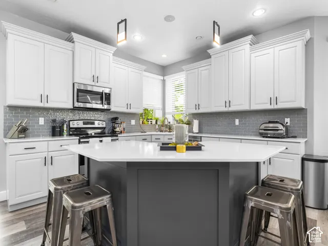 Gourmet kitchen featuring a large central island with seating, white shaker cabinetry, stainless steel appliances, a subway tile backsplash, and wood-finish flooring