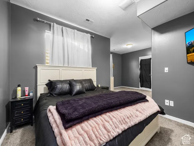 Carpeted sleeping area featuring a cream-colored paneled headboard and dark gray walls