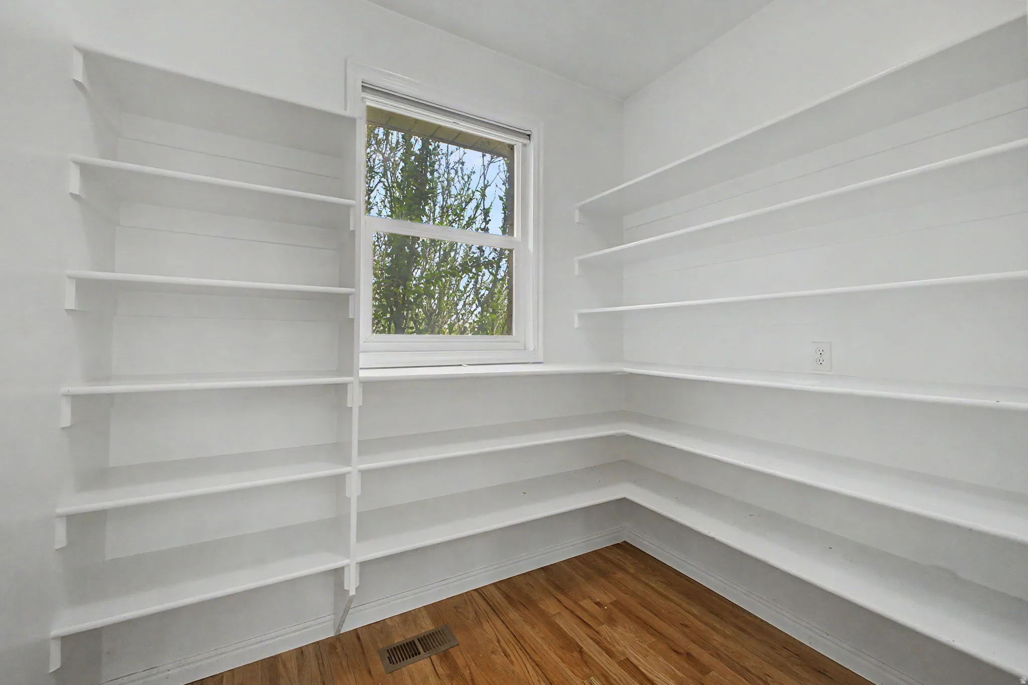Spacious pantry featuring extensive built-in shelving, a large window, light wall paint, and wood-finish flooring