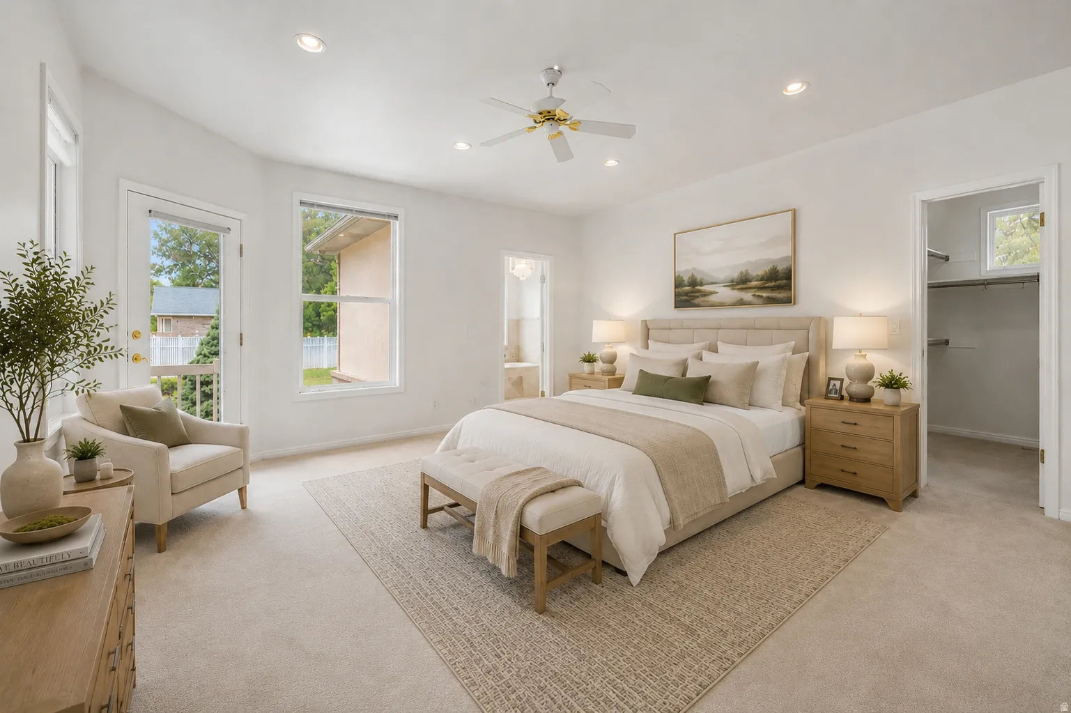 Virtually Staged-Carpeted room featuring a vaulted ceiling with recessed lighting and a ceiling fan, a glass-paned door, and a single window