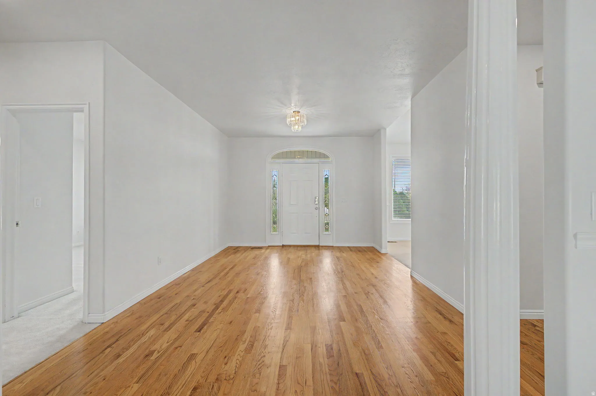 Entryway featuring wood-finish flooring, a decorative arched transom over the main door, and a multi-bulb ceiling fixture