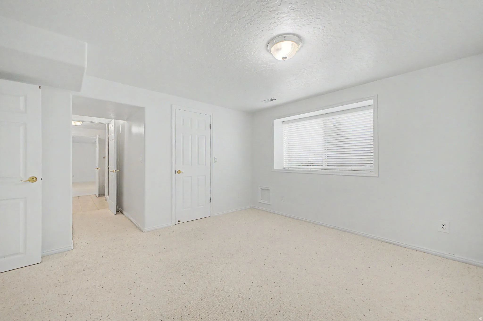 Bright room featuring light-colored carpeting, a window with blinds, and multiple white paneled doors with brass-finish hardware