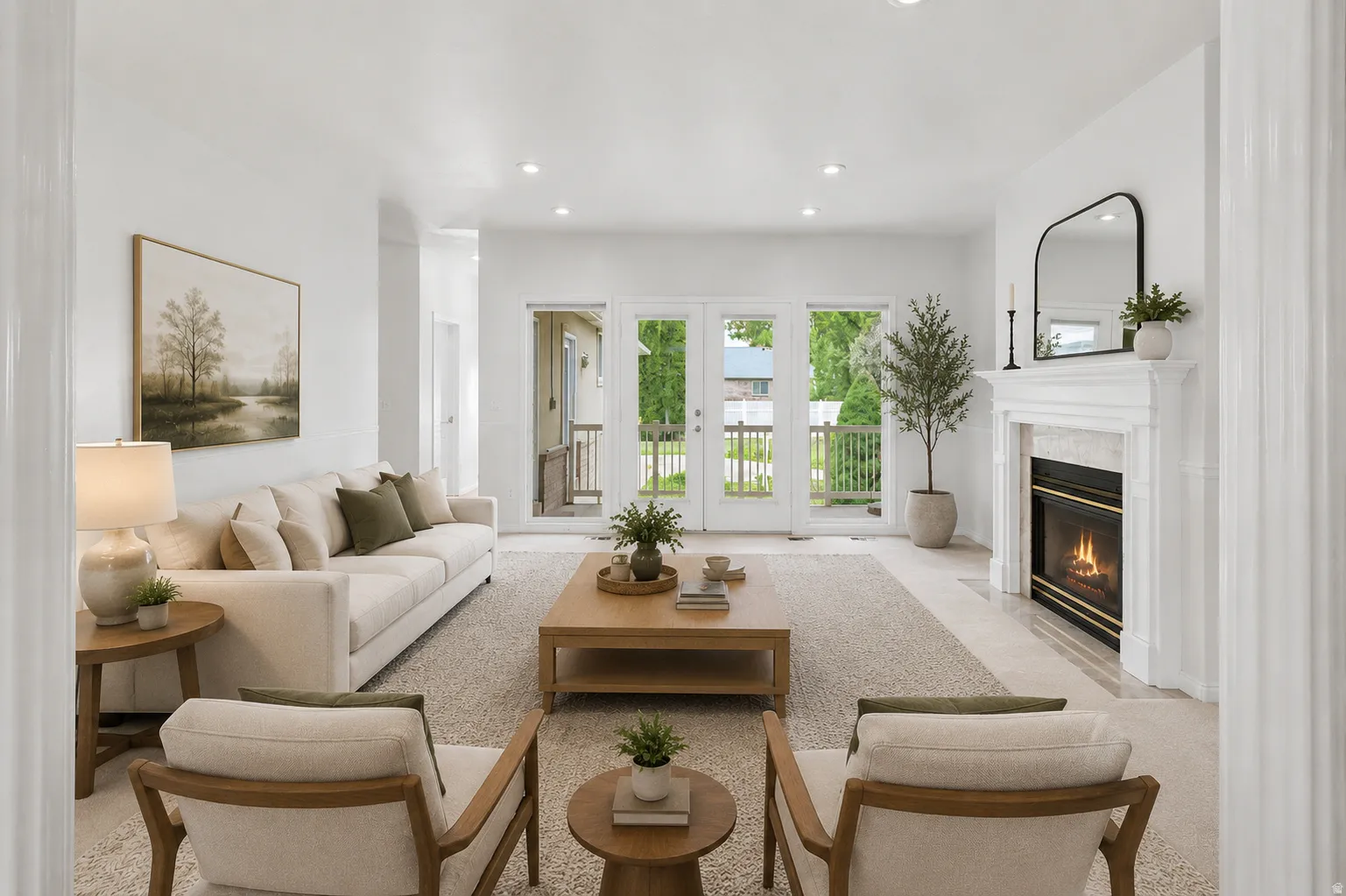 Virtually Staged-Bright living room featuring a decorative fireplace with a white mantel, recessed lighting, and French doors