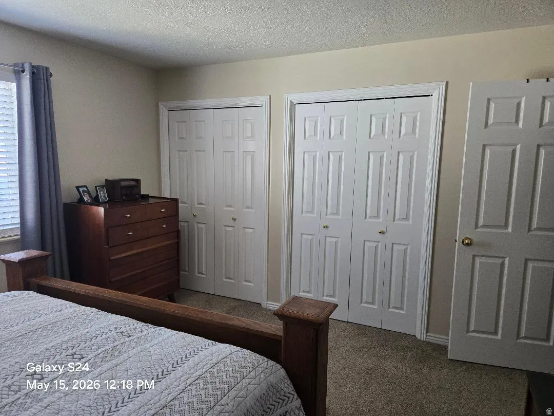 Carpeted room featuring multiple white paneled closet doors, a window with horizontal blinds, and neutral-toned walls