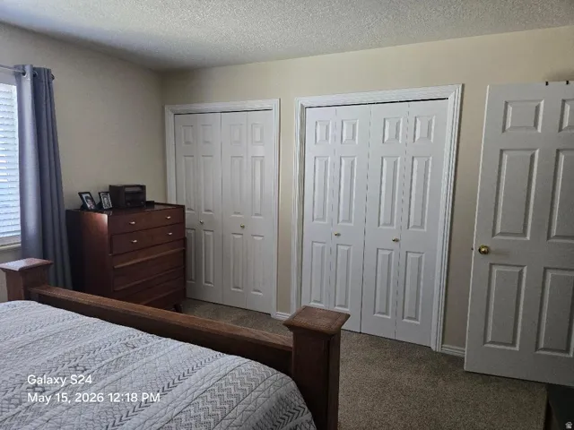 Carpeted room featuring multiple white paneled closet doors, a window with horizontal blinds, and neutral-toned walls