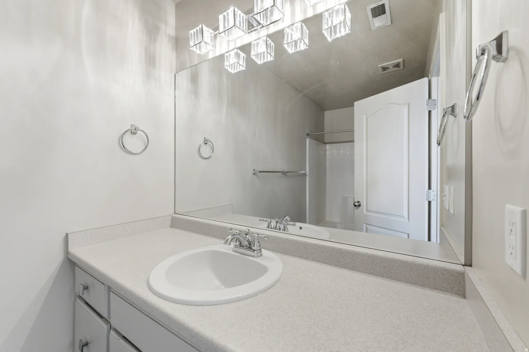 Primary Bathroom vanity featuring a single basin sink set into a light-toned countertop, framed by a large wall-mounted mirror
