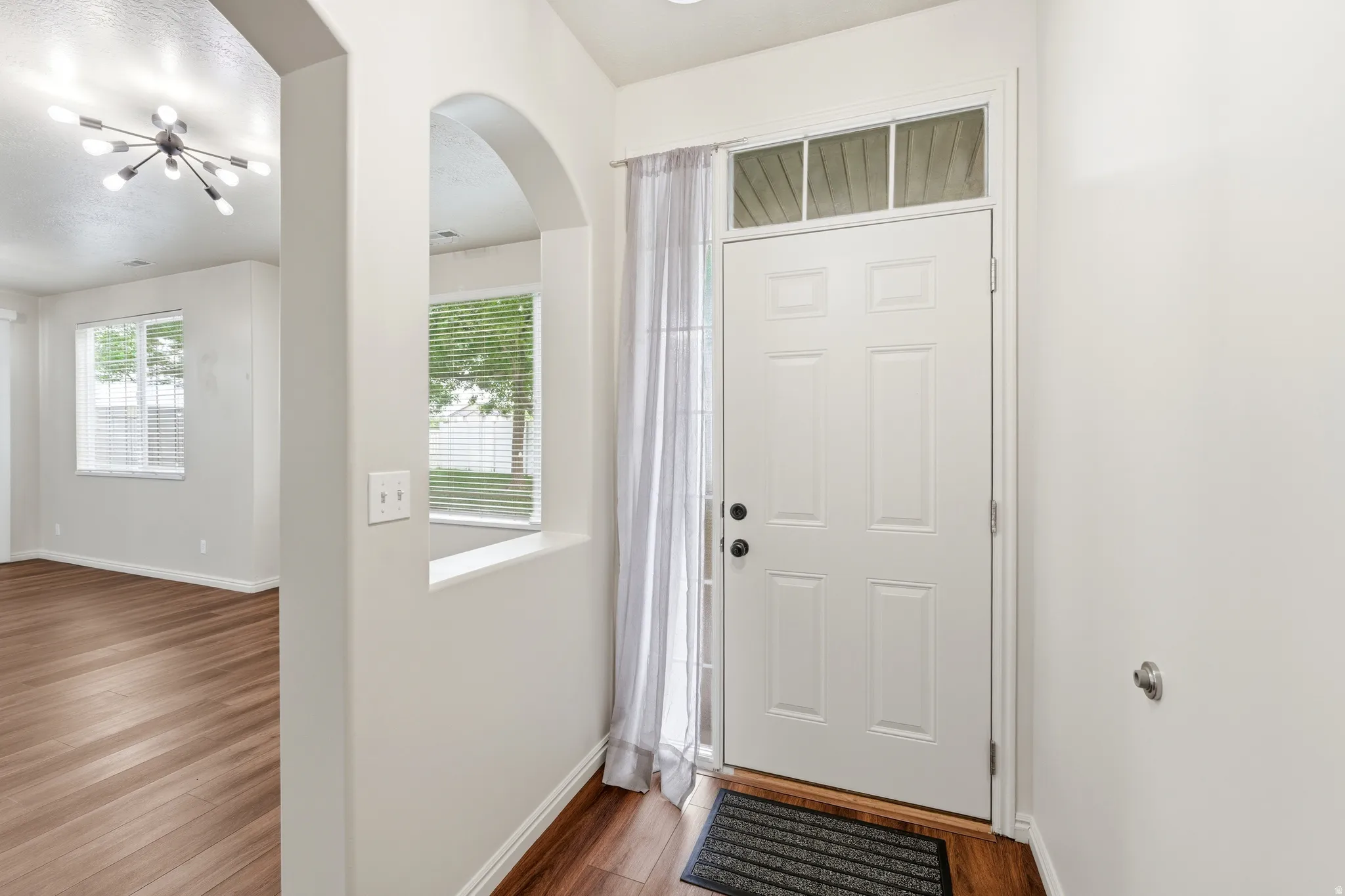 Entryway featuring a paneled door with transom window, wood-finish flooring, and light neutral wall paint