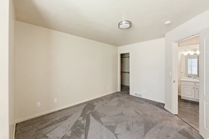 Carpeted Primary Bedroom featuring a ceiling-mounted light fixture, an open closet with built-in shelving, and a doorway revealing a bathroom with a white vanity and patterned flooring