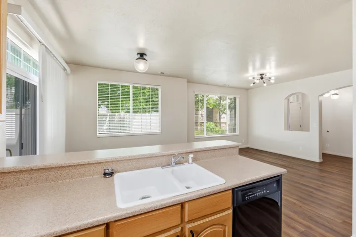 Kitchen counter with integrated double basin sink, dishwasher, and wood-finish cabinetry