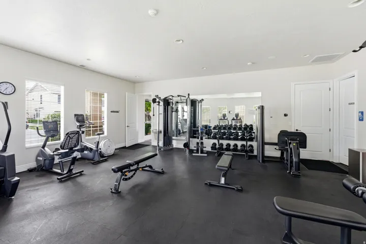 In club House Dedicated fitness room featuring rubber flooring, abundant natural light from multiple windows, and a mirrored wall