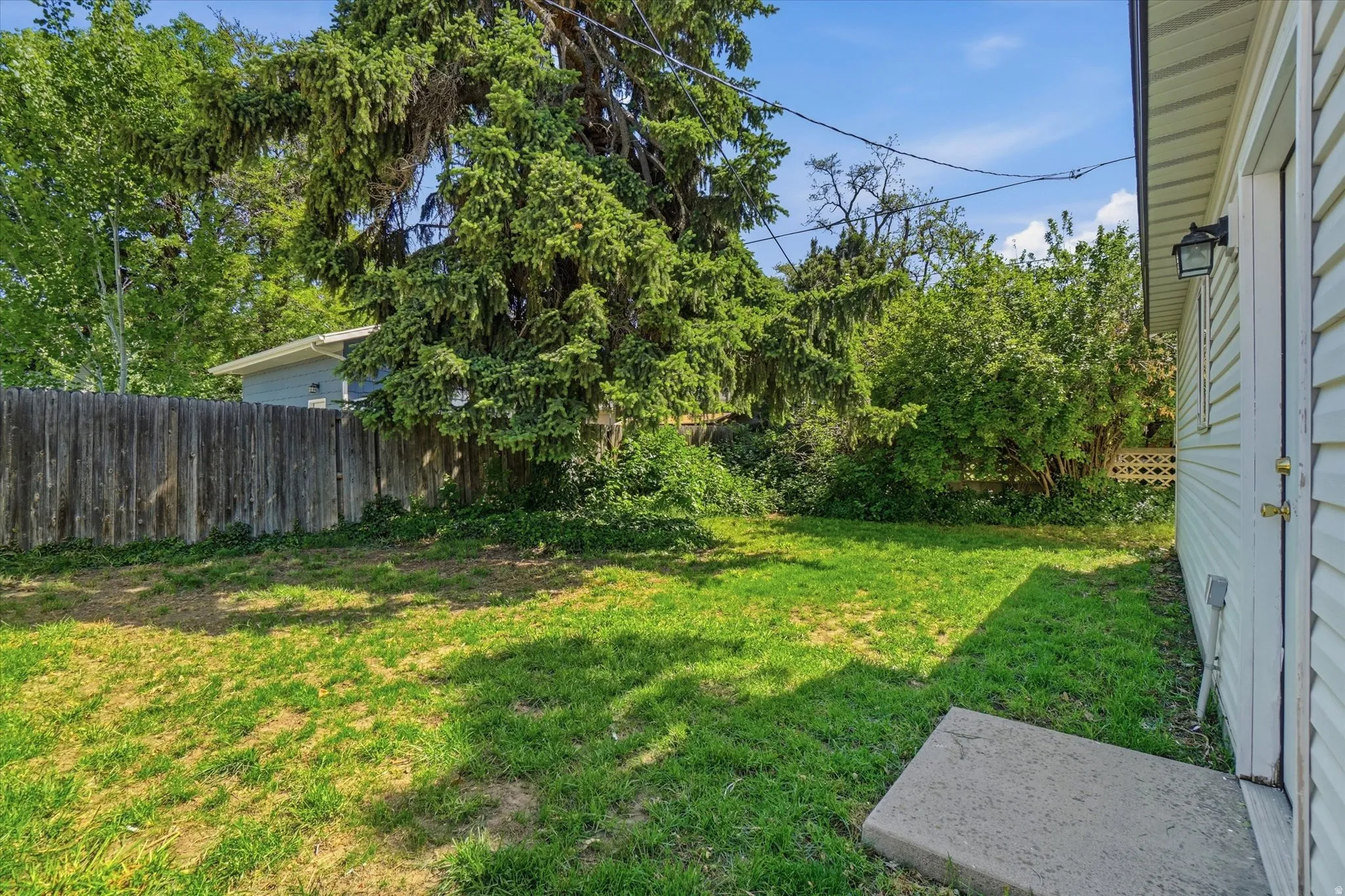 Grassed yard area featuring mature trees and a wood privacy fence