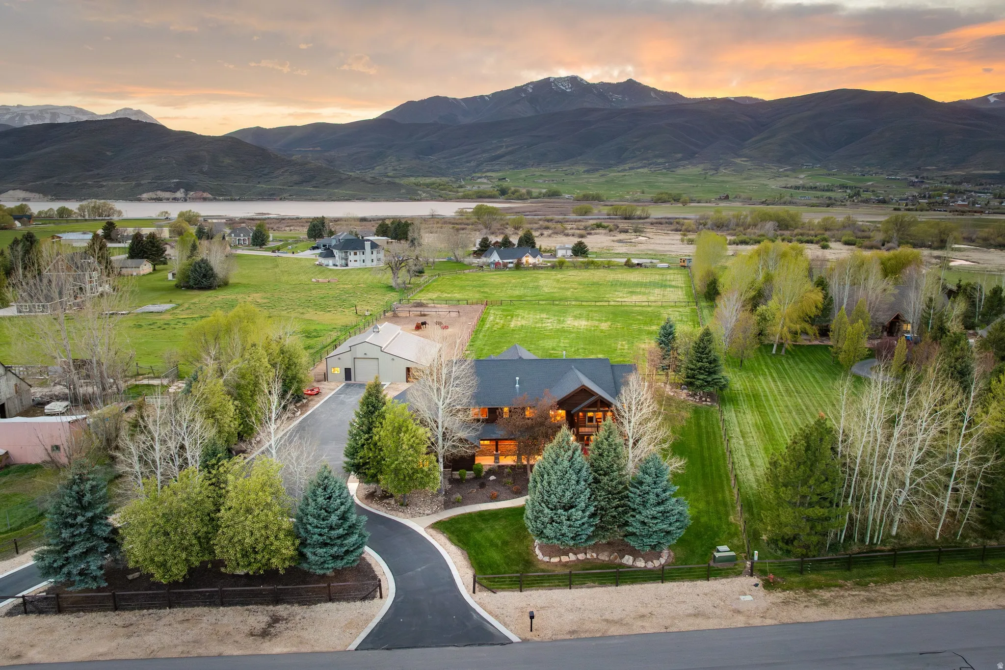 Aerial view at dusk of a mountain view and a rural view