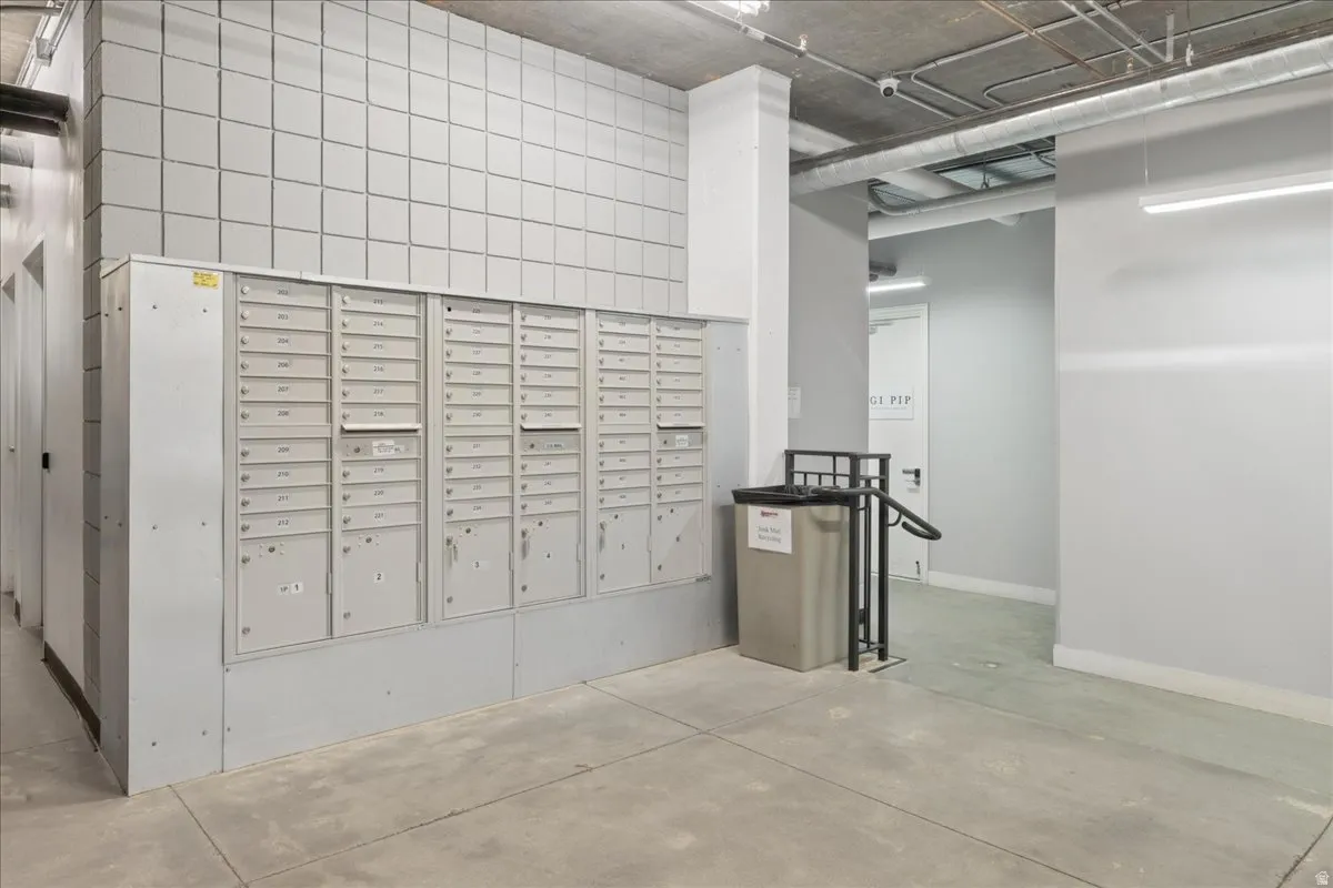 Community mailboxes with a textured accent wall