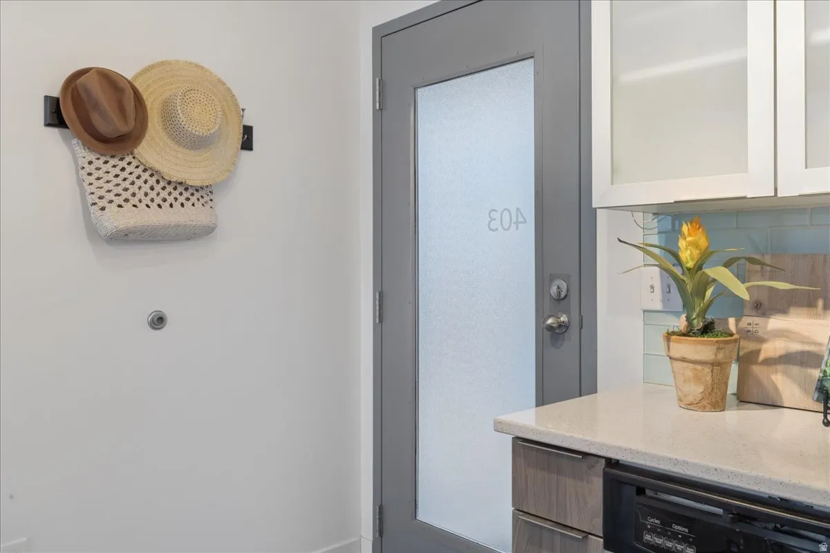 Entry door with frosted glass panel and modern hardware