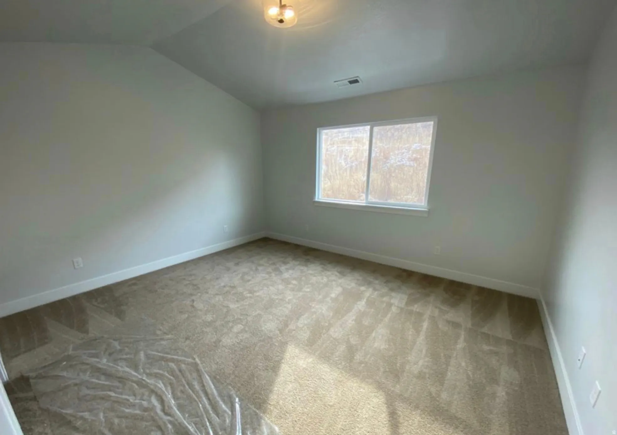 Neutral-toned carpeted interior space featuring a double window, white baseboards, and a ceiling-mounted light fixture
