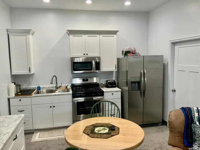 Kitchen featuring white shaker cabinetry, stainless steel appliances, speckled countertops, and a double-basin stainless steel sink with a gooseneck faucet