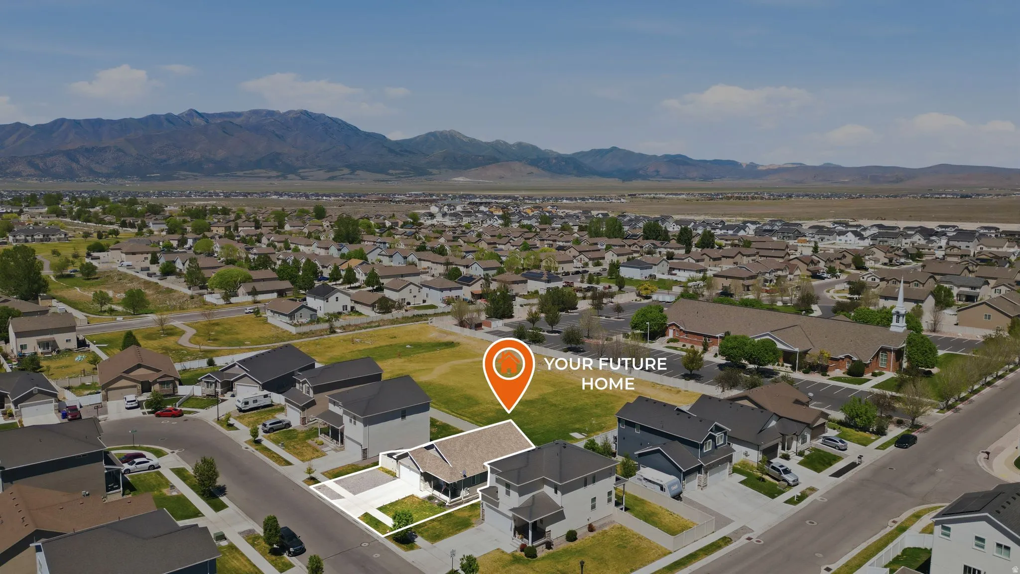 Aerial depiction of a residential community with a highlighted property
