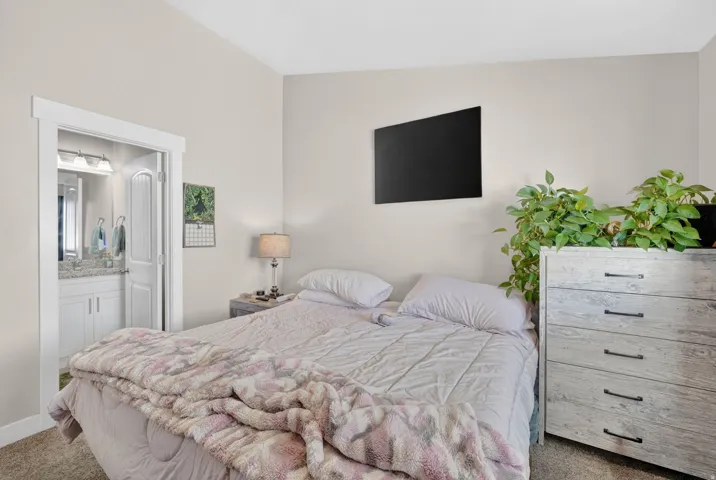 Bedroom featuring a wall-mounted display and an en-suite bathroom entrance