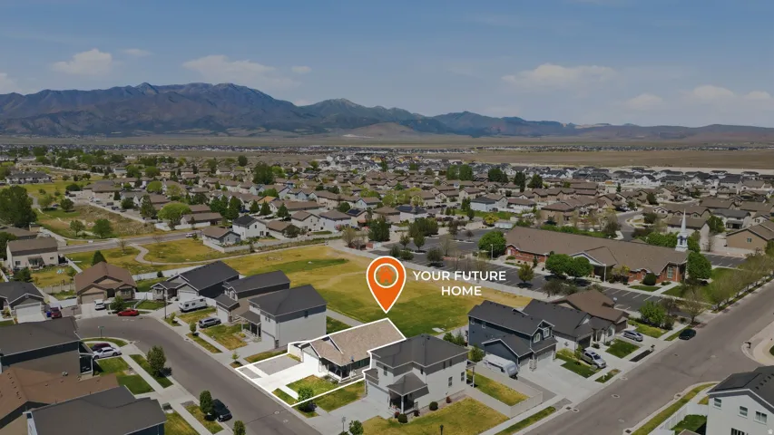 Aerial depiction of a residential community with a highlighted property