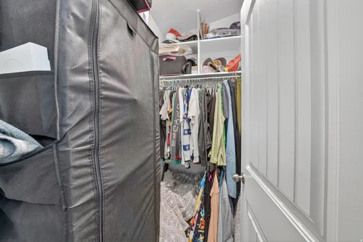 Walk-in closet with built-in shelving, hanging rods, and white panel door