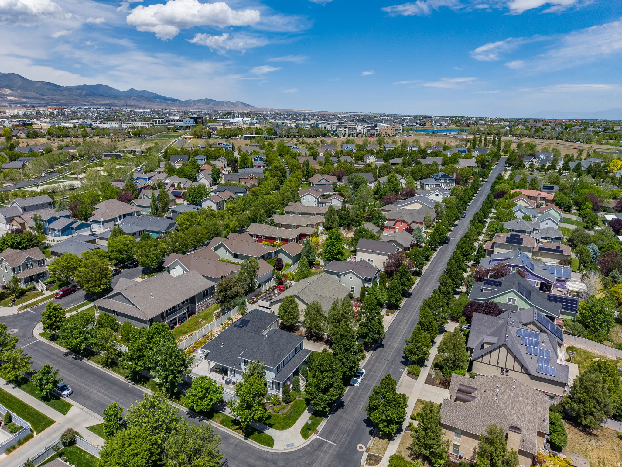 Aerial perspective of a residential neighborhood with tree-lined streets and varied architectural styles