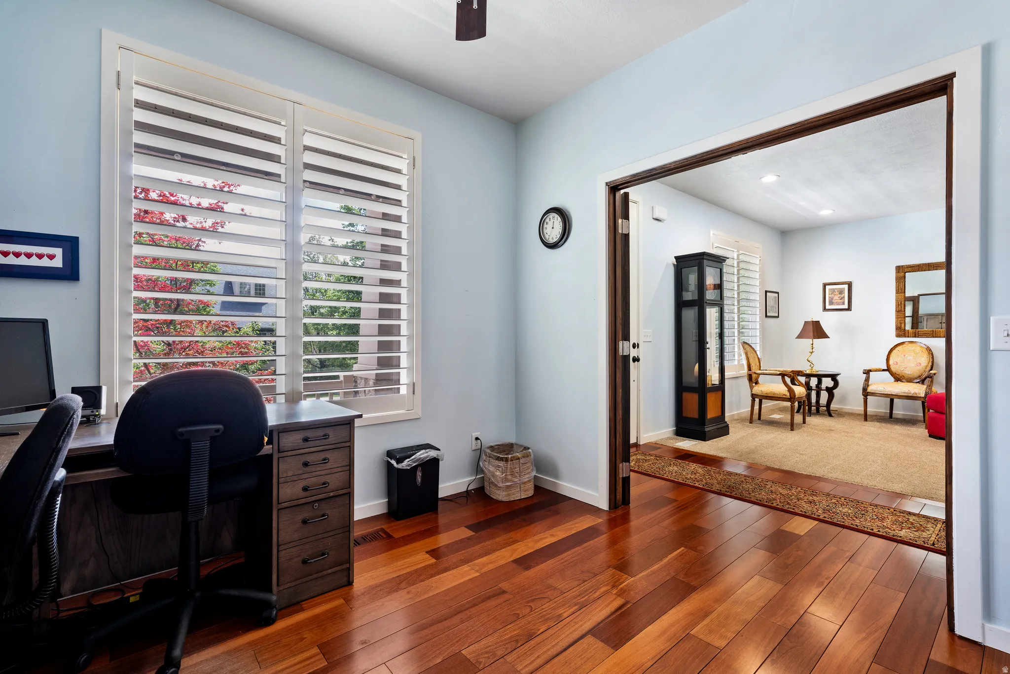 Warm wood-finish flooring extending into an entryway with a wide doorway