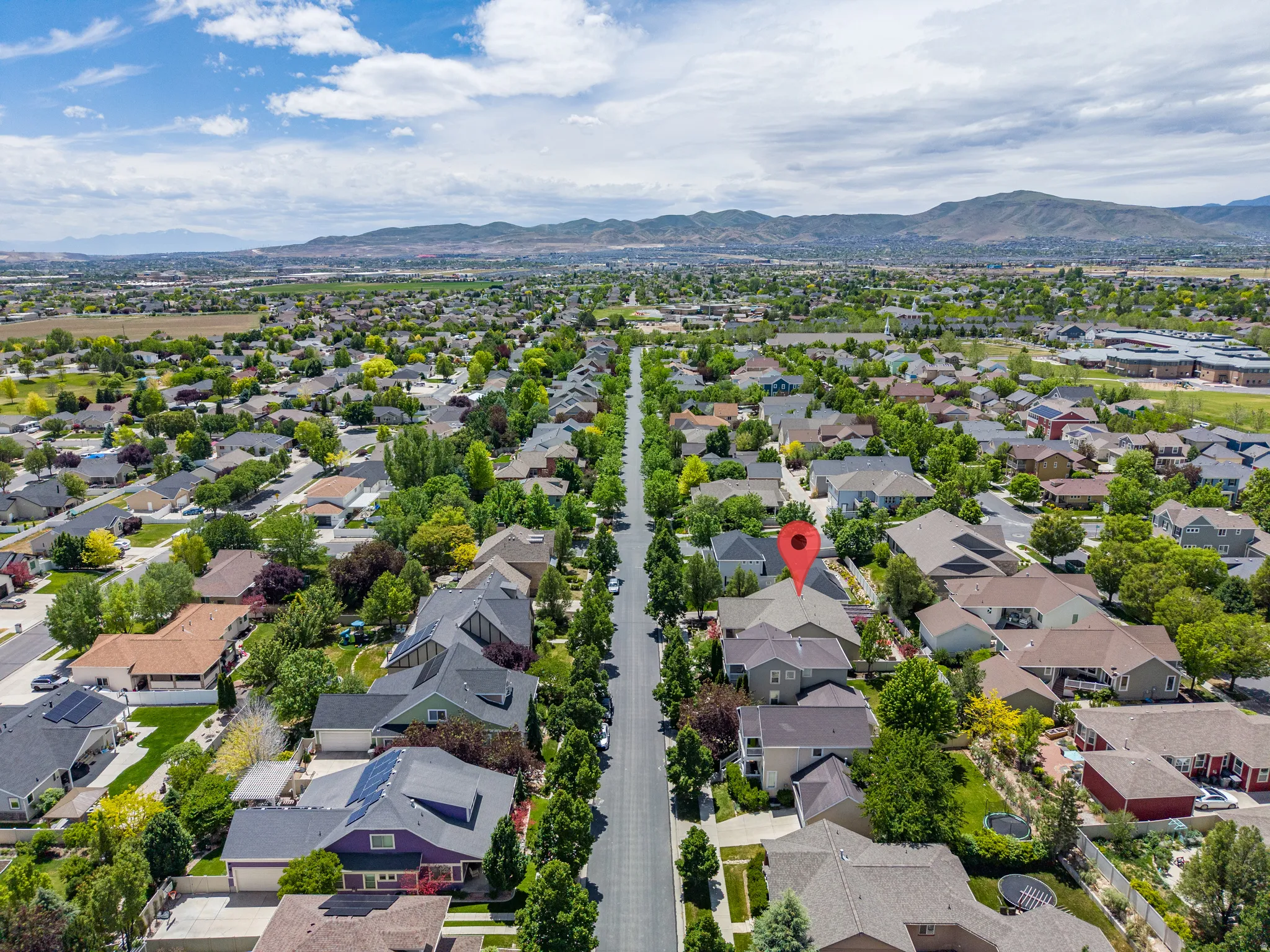 Aerial perspective showcasing a residential street lined with mature trees, surrounded by a suburban landscape with distant mountains